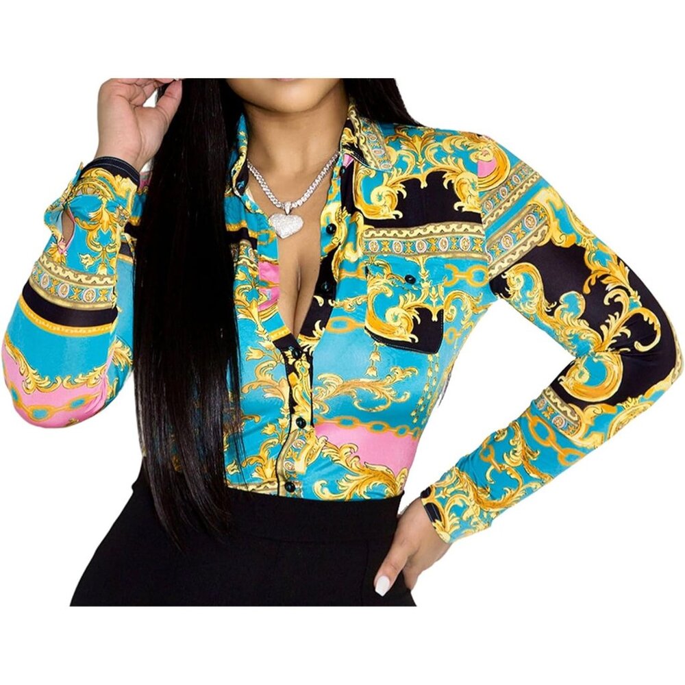 Women Blue Button Down Shirts Colorful Long Sleeve Floral Print Top